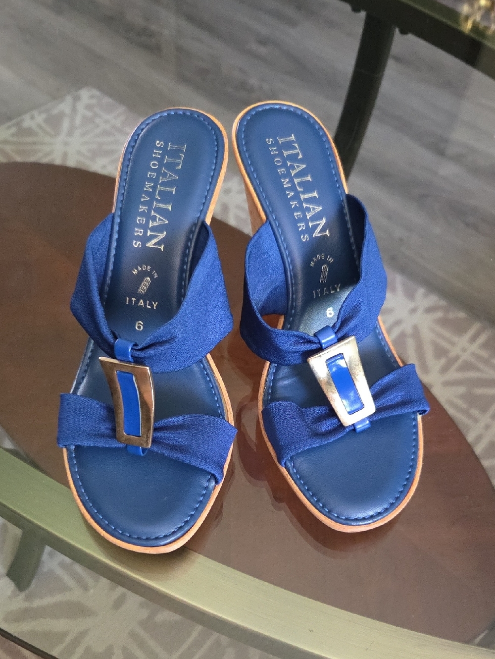 Italian Shoemakers Blue Slip-On Sandals with Decorative Buckle
